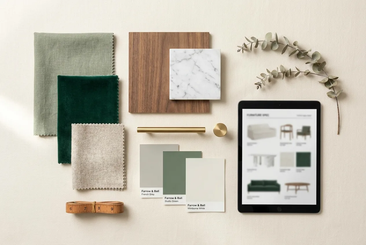 A designer's FF&E moodboard with swatches, materials and a tablet showing a furniture spec sheet